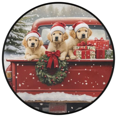 Christmas Red Truck Dog Round Area Rug 5Ft Circle Rugs Carpet Floor Mat - color: Dog, size: 5 ft