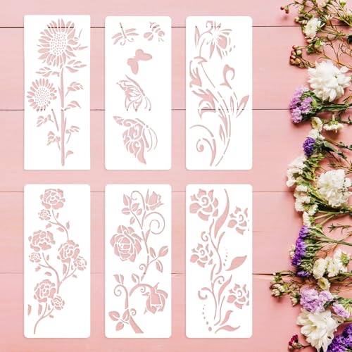 Flower Stencils for Painting, 6 Pcs 12 x 6 Inch for Wood Signs Canvas | Reusable & Easy to Clean, Botanical Patterns, Large Pattern Layouts, Painted Boards, Furniture Panels, Beginner Friendly - color: Large Flower