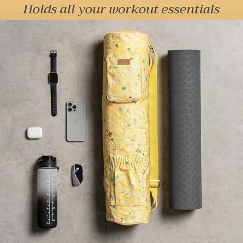 Maison d' Hermine Yoga Mat Duffle Bag Gym Tote Yoga Mat Carry Bag | Cylindrical bag for Woman Men Gifts Adjustable shoulder straps with Drawstring Water Bottle Pocket and zipper pocket - color: Colmar - Yellow, style: Yoga Mat Carry Bag