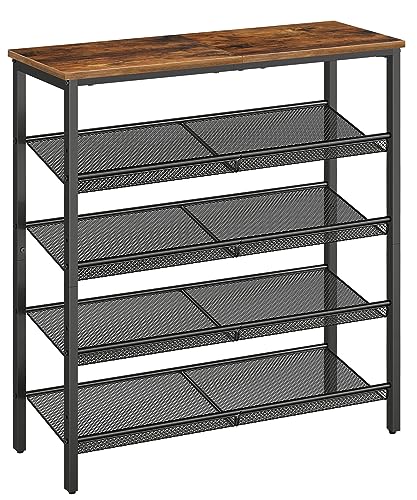 HOOBRO Shoe Rack for Entryway, 5-Tier Shoe Organizer with Adjustable Mesh Shelves, 16-20 Pairs of Shoes, Spacious Floor Mount, Metal, Industrial, Shoe Shelf for Closet, Rustic Brown BF12XJ01 - color: Rustic Brown + Black, size: 29.5"W x 11.8"D x 31.8"H