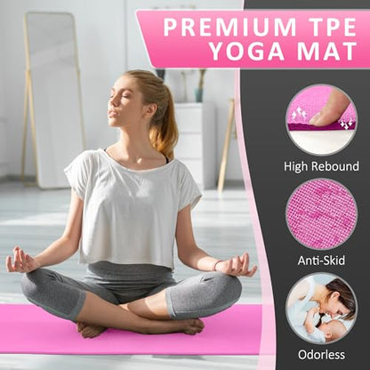 Fitvids All Purpose Thick High Density No Tear Exercise Yoga Mat with Strap & Lightweight Features for Indoor & Outdoor Use - color: Pink