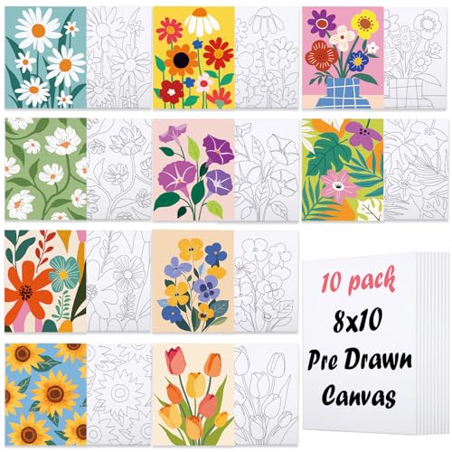 Nuberlic 10 Packs 8X10 Pre Drawn Canvas for Painting Floral Pre Printed Canvas Painting Kit Vibrant Botanical Pre Drawn Canvas to Teens Night Party Supplies - size: 8x10, style: Floral Pattern