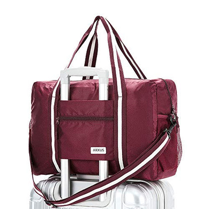 Arxus Carry On Travel Bag, Lightweight Foldable Packable Tote Bag 25L - color: Wine Red