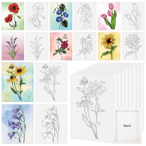 COCHIE 8 Pack 8x10 Inches Flowers Theme Pre Drawn Canvas to Paint, Pre-Printed Canvas for Ladies Sip and Paint Party Favor, Pre Sketched Canvases for Painting for Adults