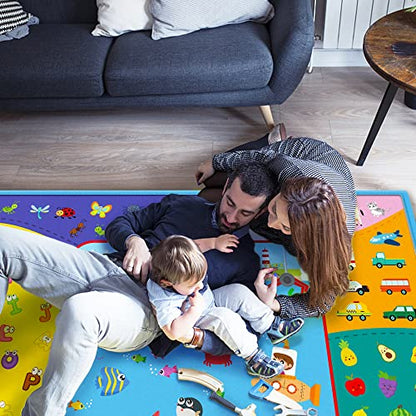 Soft Baby Play Mat for Floor,58"×44" Foldable Fabric Baby Crawling Mat Rug | Large Non-Slip Padded Educational ABC Playmat for Playing Area Tummy Time Gym Activity Mat for Infants Toddlers Boys Girls