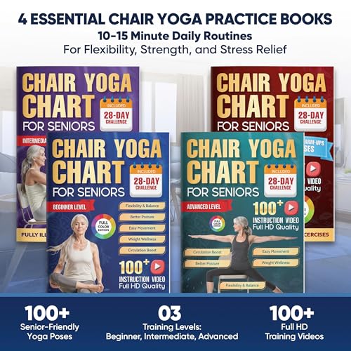 Chair Yoga for Seniors Over 60 Chart 4 Book Set – Chair Yoga Book with 102 Easy Chair Exercises for Seniors included Full HD Videos Instruction, Chair Yoga Chart for Seniors for Balance & Weight Loss