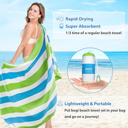 BOGI Microfiber Beach Towel Set for Travel Bath Beach Swim Gym Yoga（L 63''x31.5''） - color: Green & Blue, size: L:63"x31.5" with 16"x16"