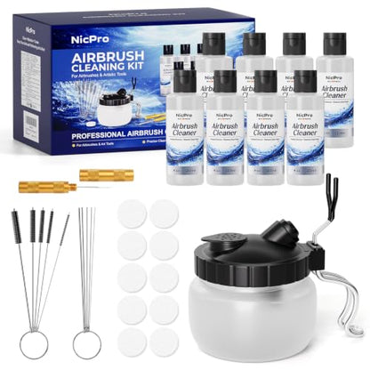 Nicpro Airbrush Cleaning Kit, 8 x 4 fl oz Airbrush Cleaner | with Glass Cleaning Pot, Easily Cleans Water-Based & Acrylic Paints for Airbrushes and Artistic Tools - size: 32 fl oz