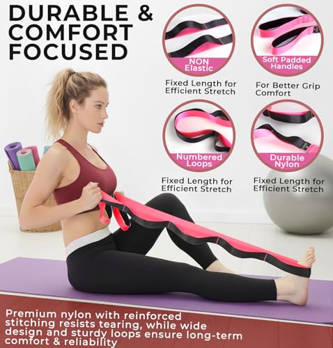 TAVIEW Yoga Strap for Stretching – Stretch Band with 12 Loops –Multi-Grip Pilates Hamstring Stretcher Belt – Physical Therapy Equipment for Best Flexibility - color: Pink & Black