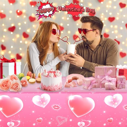 3 Pcs Valentines Day Tablecloth - Pink Heart Love Valentine Table Cloth Disposable, Plastic Rectangle Valentine's Table Cover for Valentine Day Wedding Anniversary Party Supply Tables Decor,108"x54" - color: Valentines