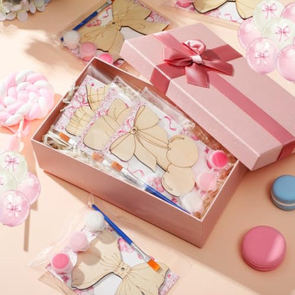 Saypacck 24 Pcs Pink Bow Party Favors Wooden Paint Craft Kits | Bow Themed Craft Activity, Girly Bow Designs for Birthday Parties, Bulk Favors for Goodie Bags, - style: Bowknot Style