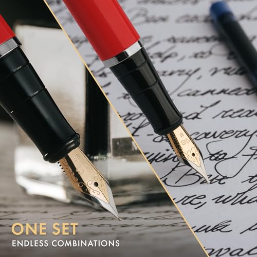 Wordsworth & Black Fountain Pen Gift Set, Medium & Extra Fine Nib, Red | For Men & Women, Brass Body, 18K German Iridium, Ink Bottle + 6 Cartridges, Converter, Writing & Calligraphy, Journaling - color: Red Chrome