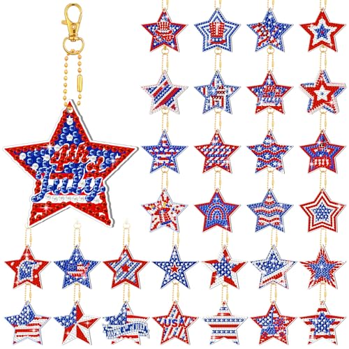 WILLBOND 30 Pcs 4th of July Diamond Art Keychain Kits for Adults Patriotic Diamond Painting Key Ring Double Sided American Flag Red White Blue Star Hanging Ornaments for Independence Day DIY Decor - color: 4th of July Animal