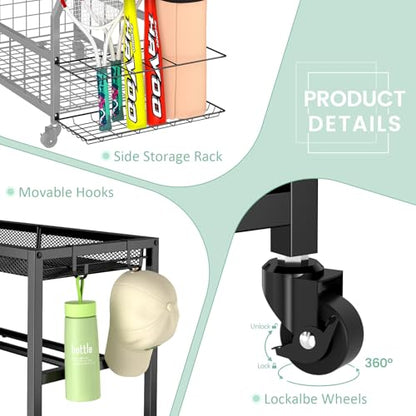 Home Gym Storage Rack, Dumbbell Rack with Yoga Mat Storage, Weight Rack Stand with Lockable Wheels and Hooks, Home Workout Equipment Organizer for Yoga, Dumbbell, Kettlebells, Ball Storage - size: Large