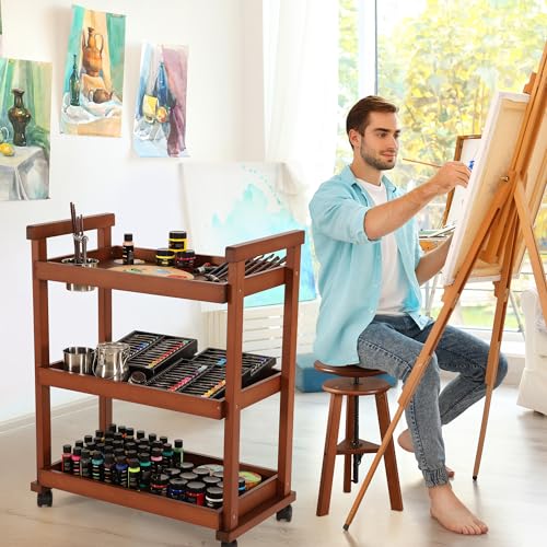 Art Cart Organizer, Solid Beechwood Art Supply Storage Organizer with Caster Wheels, 3-Tier Multifunctional Rolling Utility Storage Cart for Studio, Classroom, Artists - Walnut - color: Walnut
