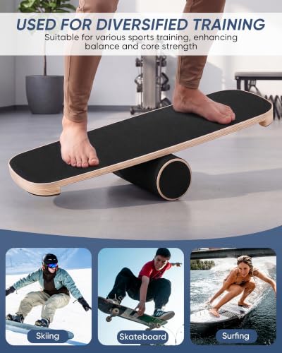 Balance Board for Adults, Surf Trainer with Wooden Roller | 300lbs capacity, non-slip wooden surface, for surfing snowboarding skateboarding yoga, core strength & balance training