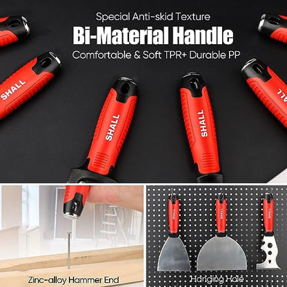 SHALL Drywall Tool Kit, 7 Pcs Stainless Steel Set Includes Putty Knife, Taping Knife, Painter Scraper Tool & 12" Mud Pan for Joint Taping, Finishing, Patching