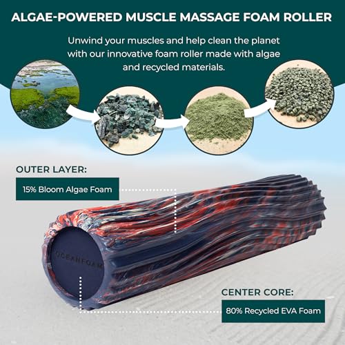 Oceanfoam Soft Tidal Roller (Dark Navy, Red and Natural Marbled) - Low Density Foam Roller for Physical Therapy, Back Pain, Exercise & Stretching - Wave Textured - Yoga, Wellness - Full Size, 20" x 5" - color: Dark Navy, Red & Natural Marbled