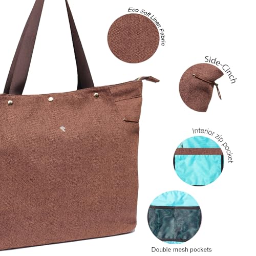 ESVAN Yoga Mat Bag, Gym Bag Tote Bag with Multi Pockets For Women Drawstring Yoga Mat Carrier Pilates Travel Workout Office - color: Linen Brown
