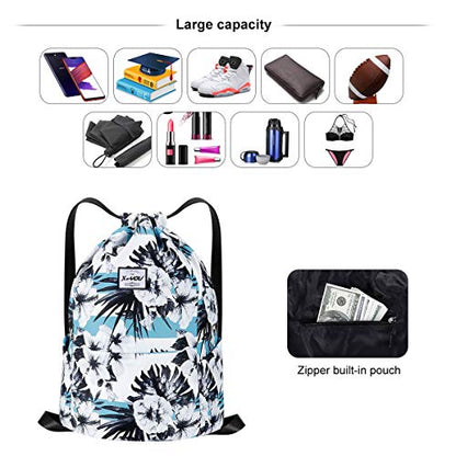 XEYOU Drawstring Backpack Bag Sport Gym Sackpack Beach Cinch Bag | Lightweight Swimming Bag, Water-Resistant Fabric, Travel Daypack for Women and Men - color: Black and White Flower Pattern