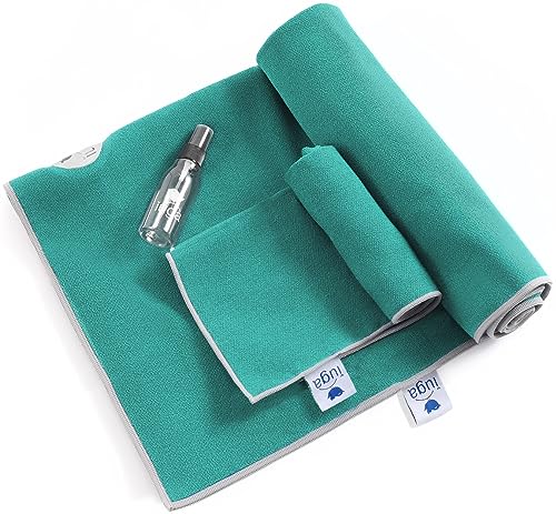 IUGA Yoga Towel for Hot Yoga Non Slip Extra Thick Yoga Mat Towel + Hand Towel 2in1 Set with Corner Pockets Super Absorbent and Quick Dry Hot Yoga Towel - color: New Turquoise, size: 72”X26”