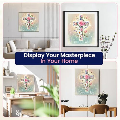 Modern Merch Jesus Diamond Art for Adults Flower Cross Christian 5D Diamond Painting Kit for Adults, DIY Jesus Wall Art Cross Stitch Kits Gem Art, Round Drill 12x12 Religious Gifts for Women - color: Cross Flower