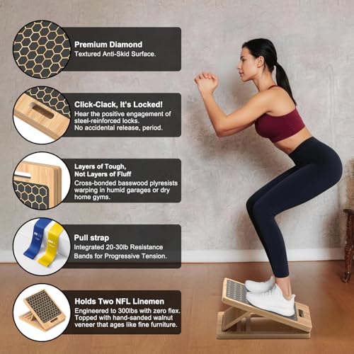 Wooden Slant Board for Calf Stretching, Adjustable Portable Wooden Incline Board with Training Guide, 300 lb. Load Capacity, Physical Therapy Equipment for Legs, Knees, Heels and Ankles