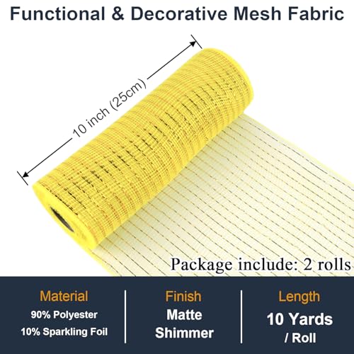 Yellow Mesh Ribbon Rolls 10 Inch 10 Yds, Deco Mesh Fabric for Wreaths | (2 Rolls) 30Ft Each, Decorative Foil Mesh for Christmas Tree Ribbon, Door Decor, DIY Crafts, Halloween, Wedding Party Supplie - color: Yellow