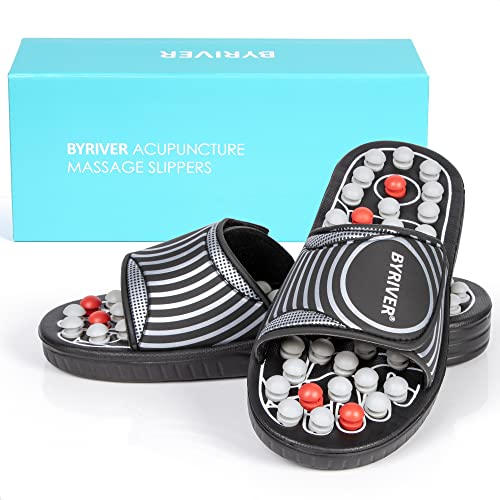 BYRIVER Acupressure Foot Massager Acupoint Stimulation Massage Slippers Shoes Reflexology Sandals Gift for Men Women, Reduce Feet Tension Promote Circulation, Father's Mother's Day Gift(02S) - color: Black Spring Slippers, size: S-Women(7-8.5) Men(6-6.5)
