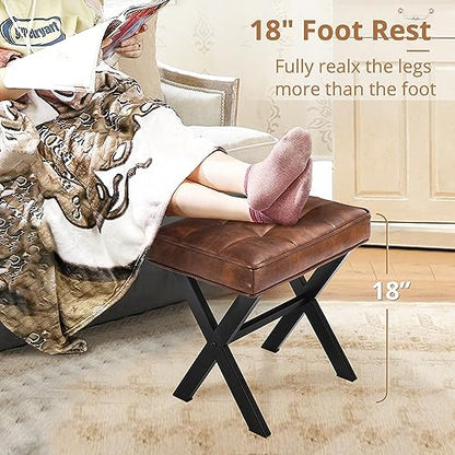LUE BONA Vanity Stool, Square Faux Leather Makeup Stool with Metal X Legs, Small Ottoman Stool Chair for Vanity, Modern Padded Vanity Seat Foot Rest Stool for Makeup Room, Living Room, Reddish Brown - color: Reddish Brown