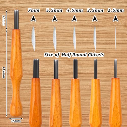 WILLBOND 5 Pcs Linoleum Carving Tool Set Wood Handle Linocut,Round | V Shaped Chisel for Printmaking, Triangular Grip, Rubber Stamp Making, Block Cutting Kit, Woodcarving Projects - style: Round