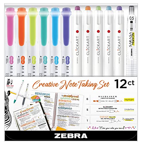 Zebra Pen Notetaking Set, MILDLINER, CLiCKART & SARASA, Assorted, 12-Pack | Includes 6 MILDLINER Highlighters, 5 CLiCKART Felt Tip Pens & 1 SARASA MarkOn Pen, Ideal for Bible Study & Note-Taking (12012 - style: Journaling and Planning Set