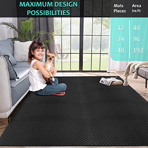 BEAUTYOVO Puzzle Exercise Mat with 12/24/48 Tiles Interlocking Foam Gym Mats, 24'' x 24'' EVA Foam Floor Tiles, Protective Flooring Mats for Gym Equipment - color: 48 Sq.ft/12 Tiles - All-black