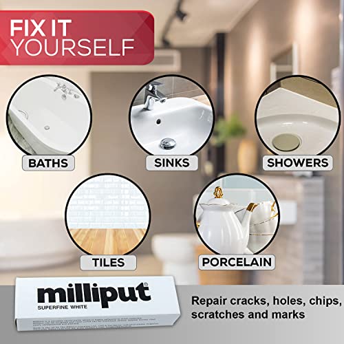 Milliput Superfine White Epoxy Putty 10 Pc Kit - Ceramic & Porcelain Repair | Fixes sinks, tubs, tiles and stone. Includes 6 double ended sculpting tools, sanding sponge, 2 pairs gloves and tips card