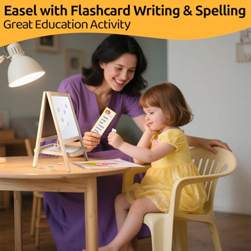 Tabletop Wooden Art Painting Easel for Kids 2-4, Chalkboard & Double-Sided Drawing Whiteboard for Toddlers, 4-in-1 Desk Easel with Magnetic Letters/Numbers & Flashcards Markers, Eraser