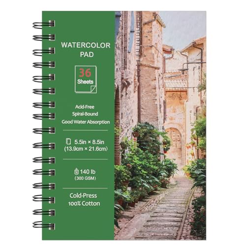 Prudiut 36 Sheets Watercolor Paper Pads 5.5x8.5”, 140 lb/300 GSM Cold Press Water Color Paper, Spiral Bound Watercolor Sketchbook for Watercolors, Art Painting, Journal | 300 Gsm Cold Press Cotton Paper, 360° Spiral Binding, Tear-Out Pages, for Watercolor