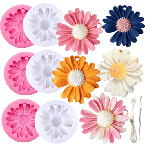 8PCS 3D Daisy Flower Silicone Mold with Hole and Large-Eye Wicking Needle, for Candle Soap Wax Epoxy Resin Concrete Fondant Topper - color: 6PCS-Daisy-with-Hole