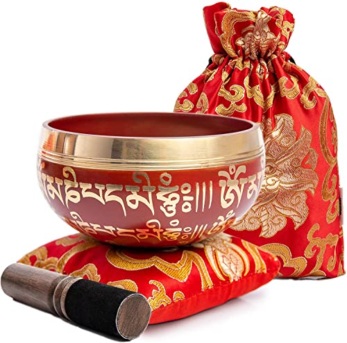 Tibetan Singing Bowl Set - Easy To Play for Beginners - Authentic Handcrafted Mindfulness Meditation Holistic Sound 7 Chakra Healing Gift by Himalayan Bazaar (Crimson) - color: Crimson Red