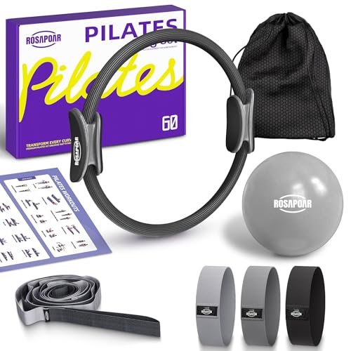 ROSAPOAR Pilates Essentials Kit for Women, Pilates Ring Set - 14" Magic Circle with Yoga Ball & Resistance Bands – Pilates Kit for Home Workouts, Toning & Core Sculpting Pilates Equipment - color: Grey