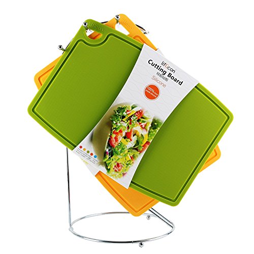 Liflicon Thick Cutting Boards for Kitchen Silicone Chopping Board Set of 2 Mid 12.6'' x 9.1”,Mini 9.1”x7.1” Non-slip Deep Drip Juice Groove Easy Grip Handle,Dishwasher Safe-Green - color: Green, size: S+M