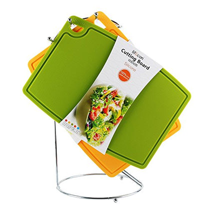 Liflicon Thick Cutting Boards for Kitchen Silicone Chopping Board Set of 2 Mid 12.6'' x 9.1”,Mini 9.1”x7.1” Non-slip Deep Drip Juice Groove Easy Grip Handle,Dishwasher Safe-Green - color: Green, size: S+M
