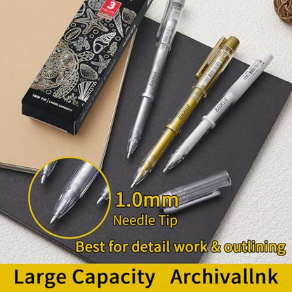 Qionew 3 Colors Gel Pen Set-Gold Silver and White Gel Pens,1mm Gel Ink Pen | 3 Pack, Fine Point White Gel Pens, Opaque Archival Ink Pens, Art Highlight, Black Paper Drawing, Illustration, Card Making - size: 1 Count (Pack of 3), style: White, Gold and Sil