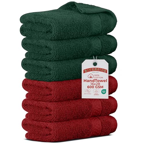 RIVERSIDE 6-Pack Premium Christmas Hand Towels Set, 16x28 inches, 100% Ring Spun Cotton, Super Soft, Quicker to Dry and Highly Absorbent, Towels for Bathroom, Kitchen, Gym, Spa, Red and Hunter Green - color: Red and Hunter Green, size: Hand Towels - 6 Pac