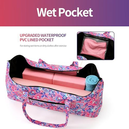 Boulder Bee | Yoga Mat Bag | Large Yoga Mat Carrier with Wet Pocket | Yoga Gifts | Gym Tote Bag for Women - color: Tote-Bright Pink