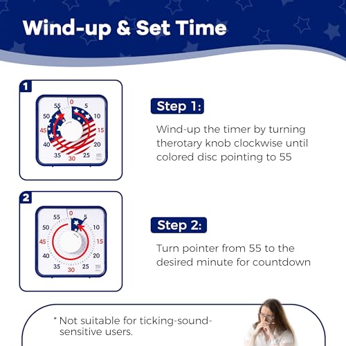TWENTY5 SEVEN Countdown Timer 7.5 inch; Patriotic 60 Minute 1 Hour Visual Timer, Classroom Teaching Tool Office Meeting, Mechanical Magnetic Countdown Clock for Kids Exam Time Management, Blue - color: National Flag