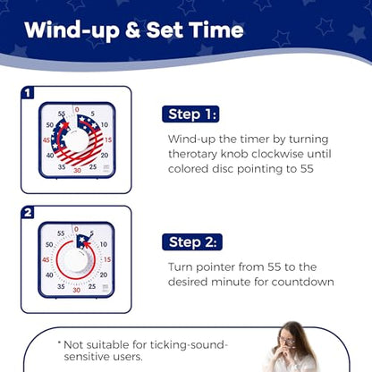 TWENTY5 SEVEN Countdown Timer 7.5 inch; Patriotic 60 Minute 1 Hour Visual Timer, Classroom Teaching Tool Office Meeting, Mechanical Magnetic Countdown Clock for Kids Exam Time Management, Blue - color: National Flag