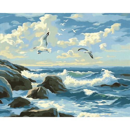 Natuyalo Paint by Numbers for Adults - DIY Adult Paint by Number Kits Painting on Canvas Flying Seagull Painting by Numbers for Beginners, Sea Wave Art Craft Kits for Adults (16x20 Inch) - color: ART-07