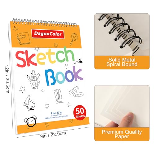 DagouColor Drawing Paper for Kids, 9"x12" Sketch Book - White, 2 Pack | 50 Sheets Double-Sided Papers, Spiral-Bound Smooth Drawing Pad for Beginning Artists Boys Girls