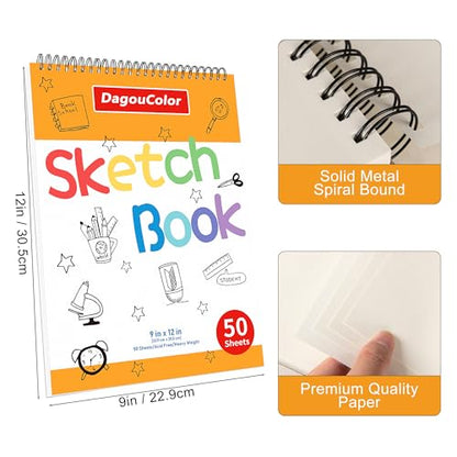 DagouColor Drawing Paper for Kids, 9"x12" Sketch Book - White, 2 Pack | 50 Sheets Double-Sided Papers, Spiral-Bound Smooth Drawing Pad for Beginning Artists Boys Girls