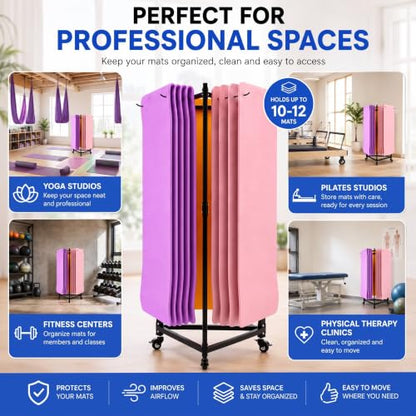 Tallew Yoga Mat Storage Rack with Wheels for Gyms, Studios, 3-Sided